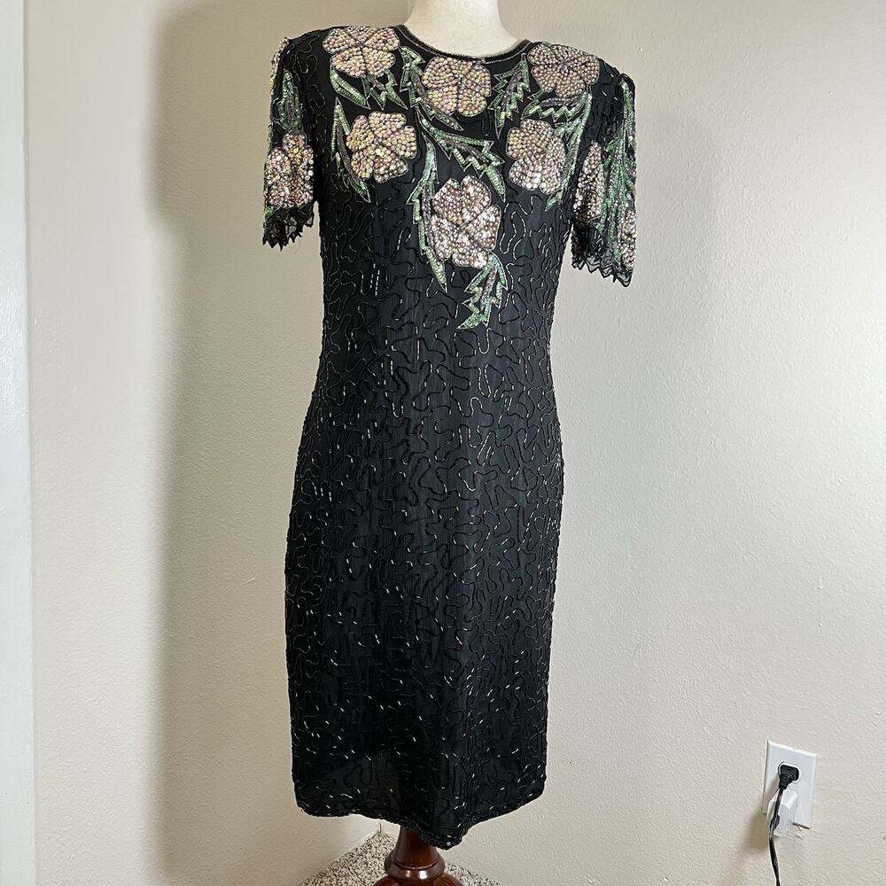 VTG Scala Vintage 80s Black Silk Sequin Beaded Formal Party Prom Dress sz L